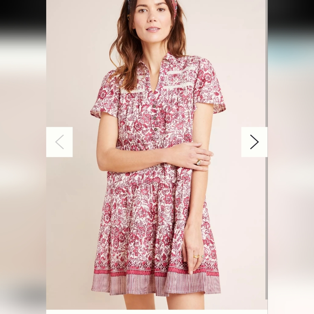 Anthropologie Georgina Tiered Shirtdress Red and Cream Floral Mini Dress